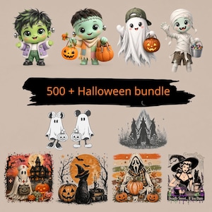 Op de afbeelding: Een digitale collectie Halloween-afbeeldingen met monsters, geesten, mummies en heksen in chibi-stijl. De tekst 500 + Halloween bundle staat in oranje op een zwarte achtergrond, vergezeld van diverse seizoensgebonden illustraties.