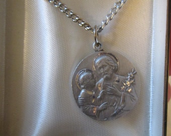St Joseph Pewter Vintage Religious Medal Necklace