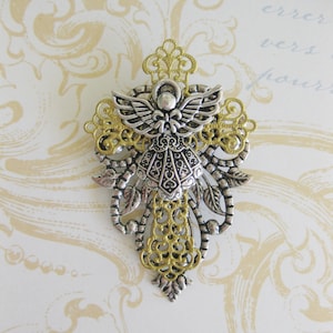 Engel Brosche, Kreuz Brosche, In Erinnerung an, Beileid Geschenk, Engel Schmuck, religiöser Schmuck, Engel Anstecknadel, Brosche Kreuz