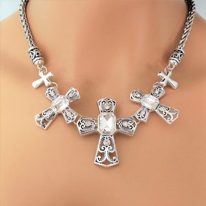 Cross Necklace for Women, Large 3 Silver Filigree Cross Necklace, Christian Jewelry, Religious Jewelry, Statement Necklace With Crosses