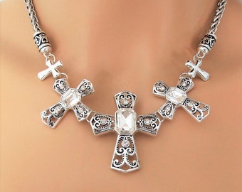 Cross Necklace for Women, Large 3 Silver Filigree Cross Necklace, Christian Jewelry, Religious Jewelry, Statement Necklace With Crosses