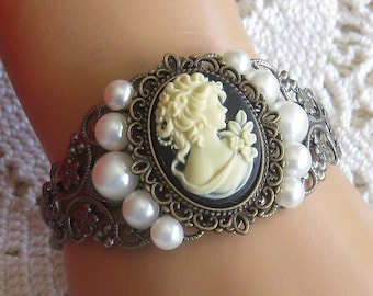 Victorian Lady Cameo Bracelet: Antique Gold Filigree Cuff with Pearl Accents