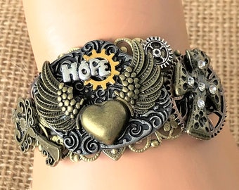 Inspirational Message Cross Bracelet with Heart and Wings, Cuff Bracelet, Religious Jewelry, Jewelry with Cross, Assemblage Jewelry