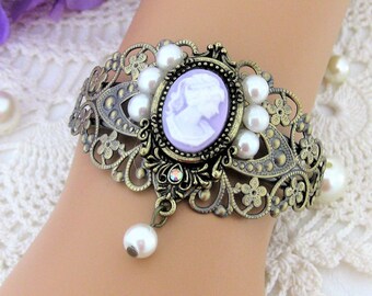 Handmade Victorian Lady Cameo Cuff Bracelet, Antique Gold Pearl Jewelry