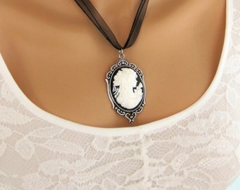 Lady Cameo Necklace for Women with Large Victorian Black Cameo with Ivory or White, Cameo Jewelry, Cameo Necklaces, Cameo Choker for Women