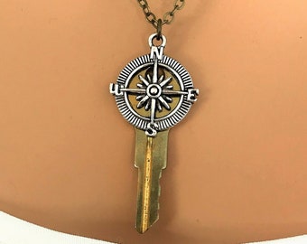 Key Necklace with Compass Wind Rose, Key Jewelry, Assemblage Necklace, Unisex Jewelry for Women and Men