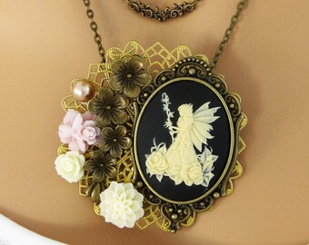 Collier camée et broche fée avec fleurs, bijoux camée pour femme, broche camée, bijoux fleurs romantiques, collier fée de jardin