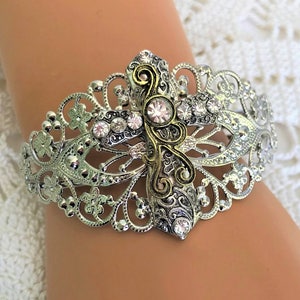 Silver Cross Cuff Bracelet for Women, Christian Jewelry, Catholic Jewelry, Cuff Bracelets, Filigree Cuff with Cross, Crystal Bracelet