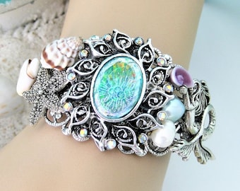 Mermaid Cuff Bracelet: Sea Shells, Pearls, Silver Filigree