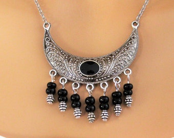 Bohemian Beaded Necklace for Women, See this Short Black Necklace with Silver Pendant and Black and Silver Beads, Jewelry for Women