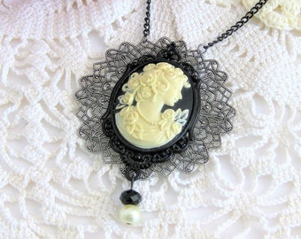 Large Victorian Lady Cameo Necklace for Women, Black and Ivory Cameo, Cameo Jewelry, Cameo Necklace, Cameos, Victorian Necklace with Cameo