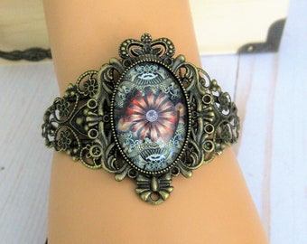 Bohemian Cuff Bracelet: Antique Gold Filigree, Glass Cabochon Jewelry