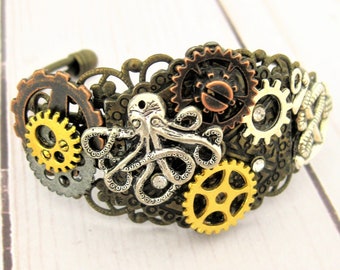 Steampunk Octopus Cuff Bracelet: Handmade Gear Jewelry