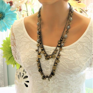 Long Gold Multi Strand Necklace for Women, with Pearl and Crystal Accents, Jewelry for Women, Gift For Women, Chunky Gold Necklace