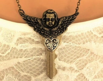 Key Necklace for Women with Angel Wings and Heart, Steampunk Jewelry for Women, Recycled Old Key Jewelry, Angel Jewelry, Heart Necklace