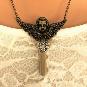 Key Necklace for Women with Angel Wings and Heart, Steampunk Jewelry for Women, Recycled Old Key Jewelry, Angel Jewelry, Heart Necklace