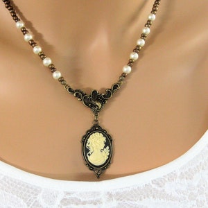 Victorian Lady Cameo Necklace: Beaded Antique Gold Jewelry