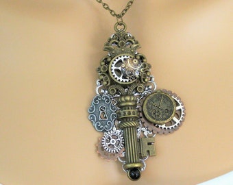 Large Steampunk Key Jewelry, Steampunk Necklace, Key Necklace, Statement Necklace, Assemblage Jewelry, Key Jewelry