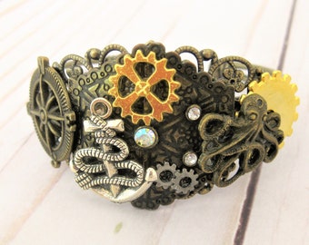 Steampunk Cuff Bracelet: Handmade Brass Gears, Anchor, Octopus Jewelry