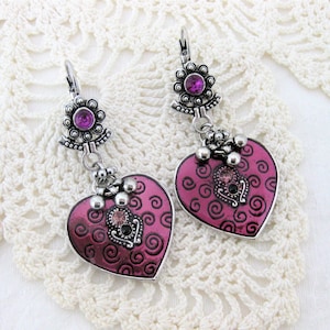 Purple Heart Earrings for Women, Silver Earrings with Crystal, Heart Jewelry for Valentine&#39;s Day, Dangle Earrings, Purple Jewelry for Women