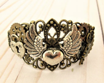 Steampunk Bracelet Cuff: Handmade Brass Filigree, Gears, Heart & Wings