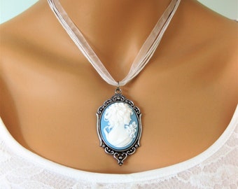 Large Blue Lady Cameo Necklace for Women, Cameo Jewelry with Large Blue Cameos, Silver or Gold Settings, Victorian Lady Cameos