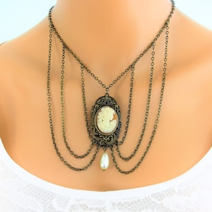 Cameo Necklace for Women with Victorian Lady Cameo, Multi Strand Cameo Necklace with Antique Gold Chain, Cameo Jewelry for Women, Pearl Bead