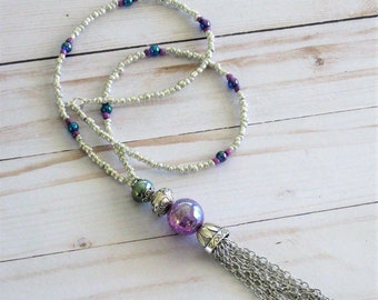 Long Purple and Silver Beaded Necklace with Silver Chain Tassel, Beaded Necklaces, Purple Necklace, Tassel Necklaces, Bohemian Jewelry