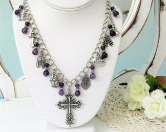 Armor of God Necklace, Beaded Necklace, Cross Necklace, Christian Jewelry, Red Necklace, Purple Necklace, Religious Jewelry