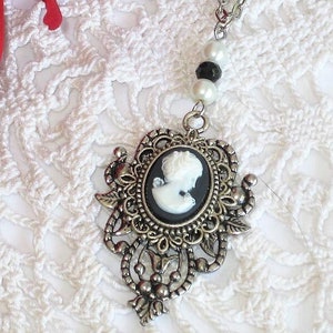 More Colors Victorian Lady Cameo Necklace on Silver Filigree with Pearl Beads, Cameo Necklaces, Cameo Jewelry, Victorian Cameo Necklace