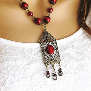 Victorian Style Pendant with Red Pearl Beads, Handmade Victorian Jewelry for Women image 4