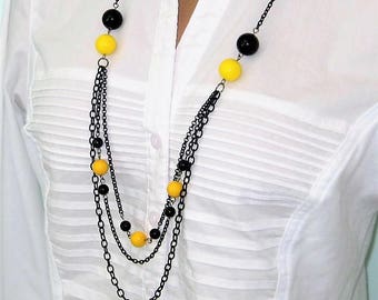 Long Black Beaded Necklace, Yellow Beaded Necklace, Long Black Necklace Multi Strand, Chunky Beaded Jewelry, Long Bead Necklace