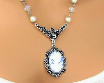 Cameo Necklaces for Women, Lady Cameo Jewelry, Handmade Jewelry, Blue Bridesmaid Jewelry