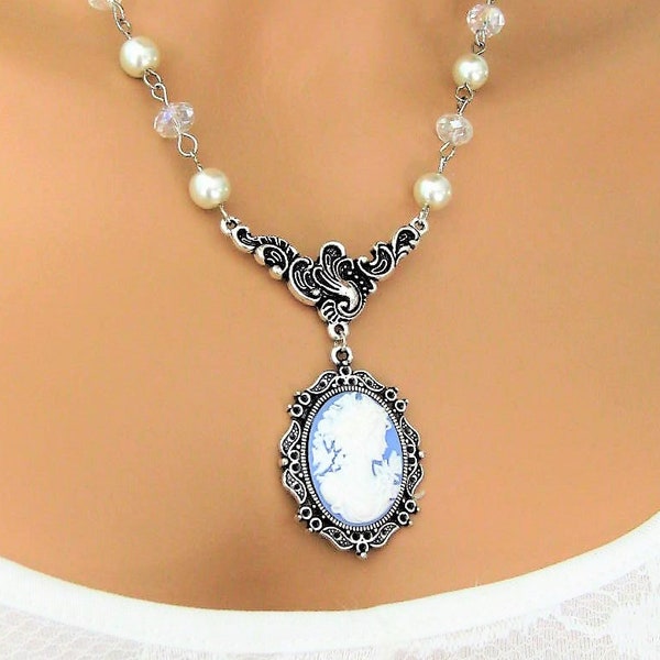 Cameo Necklaces for Women, Lady Cameo Jewelry, Handmade Jewelry, Blue Bridesmaid Jewelry