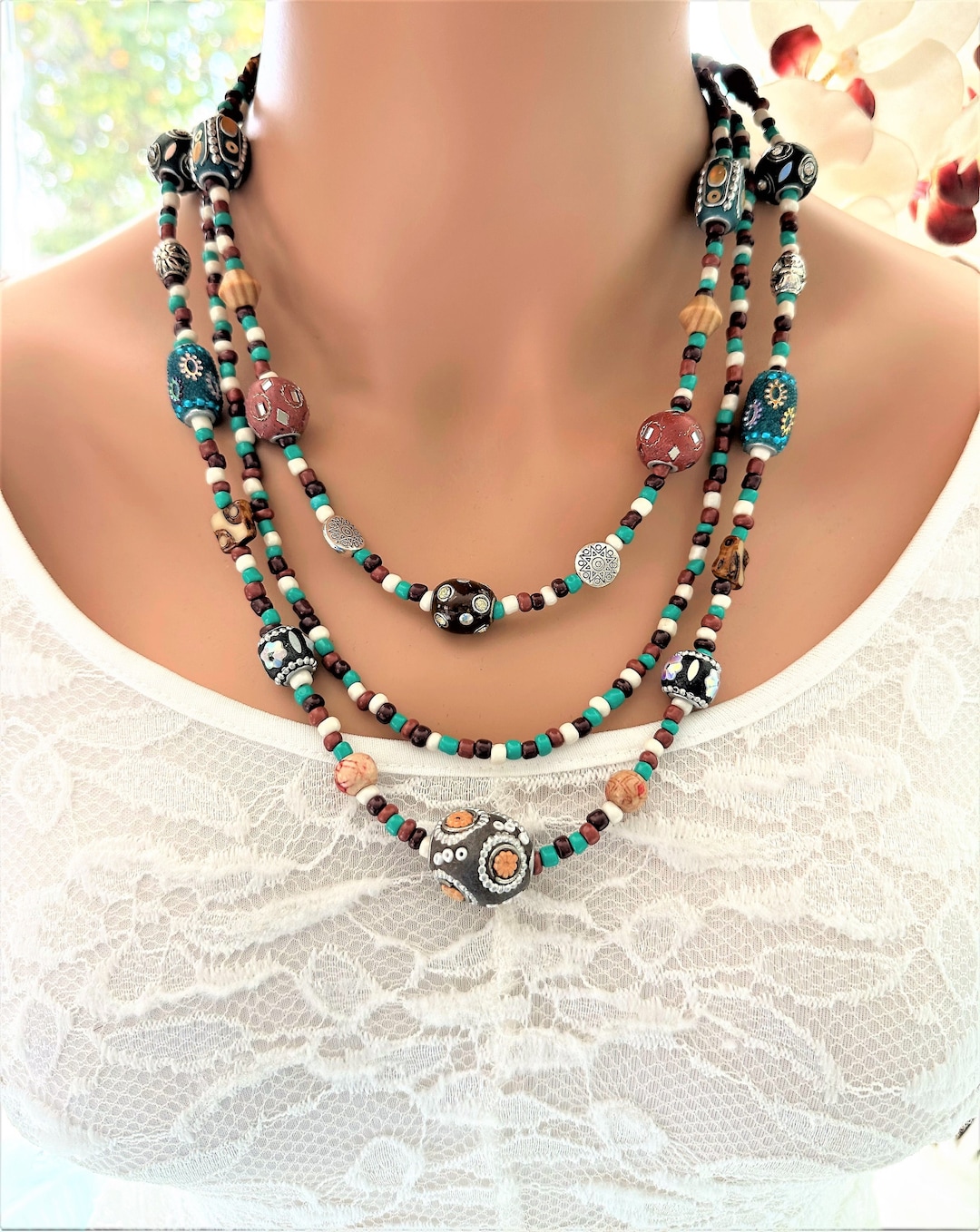 Multi Strand Colorful Beaded Necklace for Women, Statement Necklace