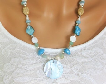 Shell and Stone Beaded Necklace, Blue and Silver Necklace with Shell Beads and Stone Beads, Statement Necklace for Women