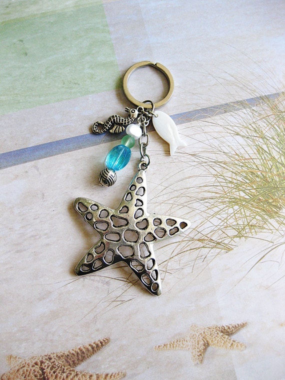 Starfish Keychain With Charms and Beads, Silver Key Ring, Beaded Keychains  