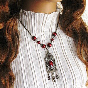 Victorian Style Pendant with Red Pearl Beads, Handmade Victorian Jewelry for Women image 3