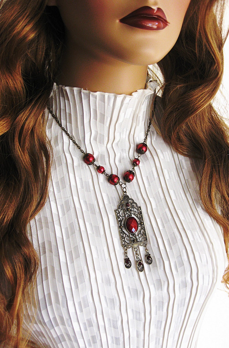 Victorian Style Pendant with Red Pearl Beads, Handmade Victorian Jewelry for Women image 3