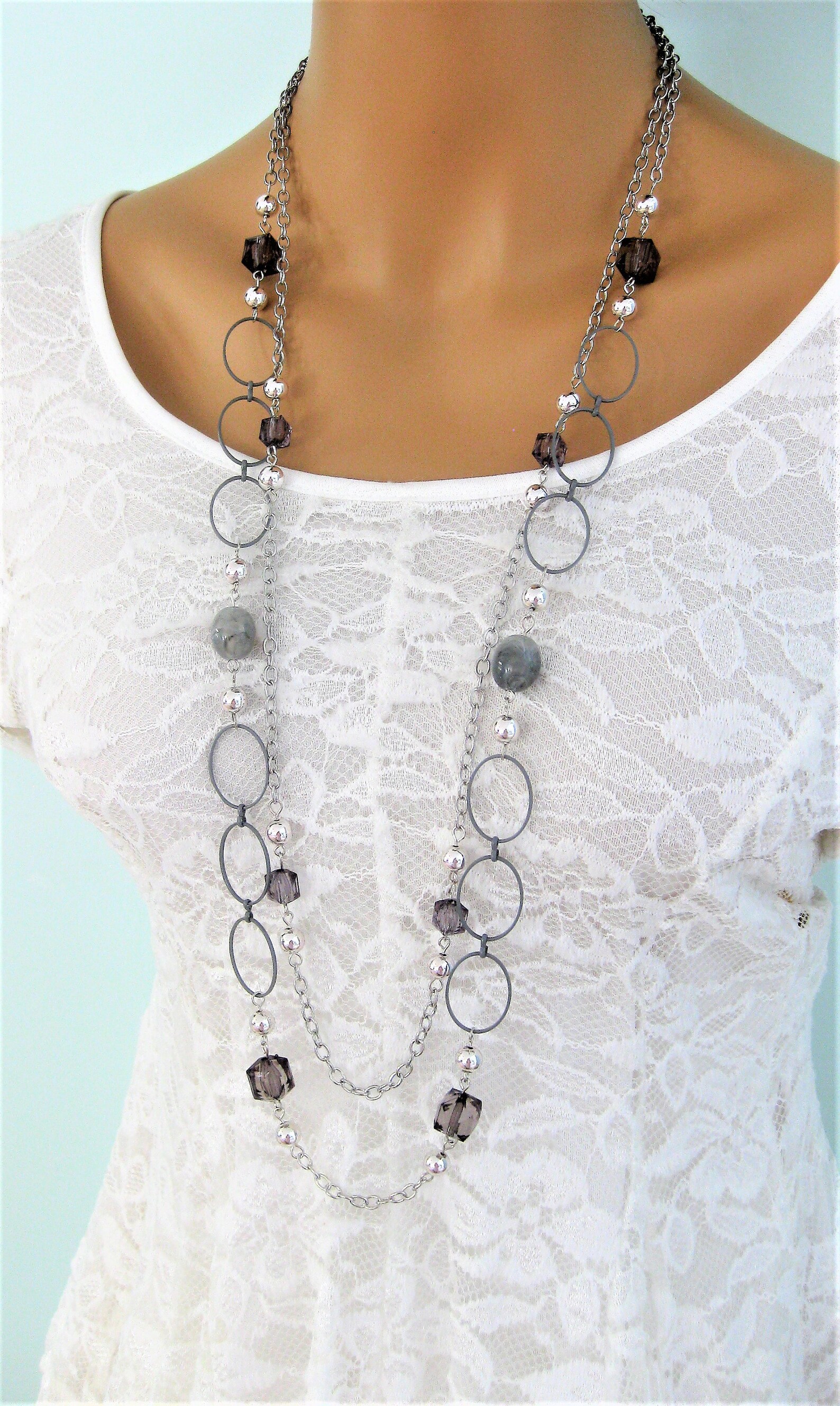 Long Gray Beaded Multi Strand Necklace Beaded Gray Necklace Etsy