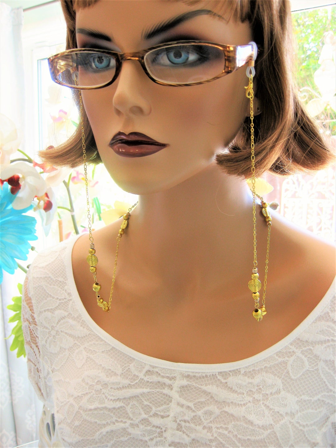 Gold Beaded Eyeglass Chain for Women, Glasses Chain With Gold Beads and