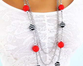 Long Multi Strand Beaded Necklace for Women with Red Black White and Silver Beads, Long Silver Chain Necklace, Jewelry Gift for Women