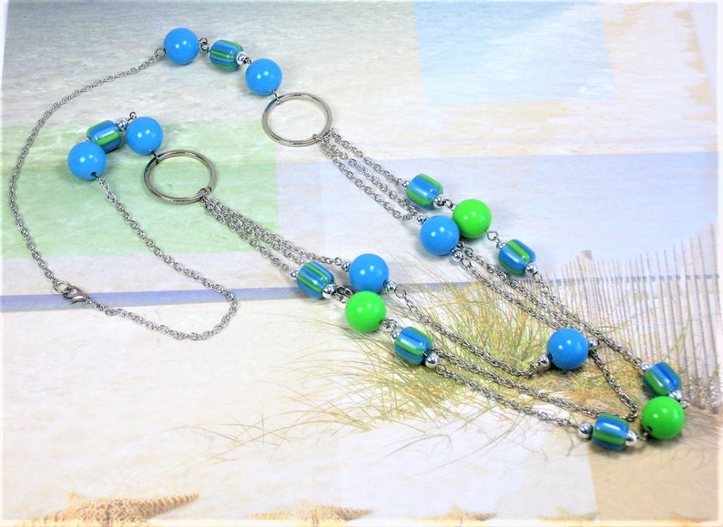 Long Multi Strand Blue and Green Necklace Multi Strand Etsy