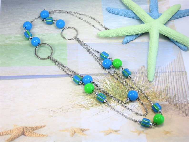 Long Multi Strand Blue and Green Necklace Multi Strand Etsy