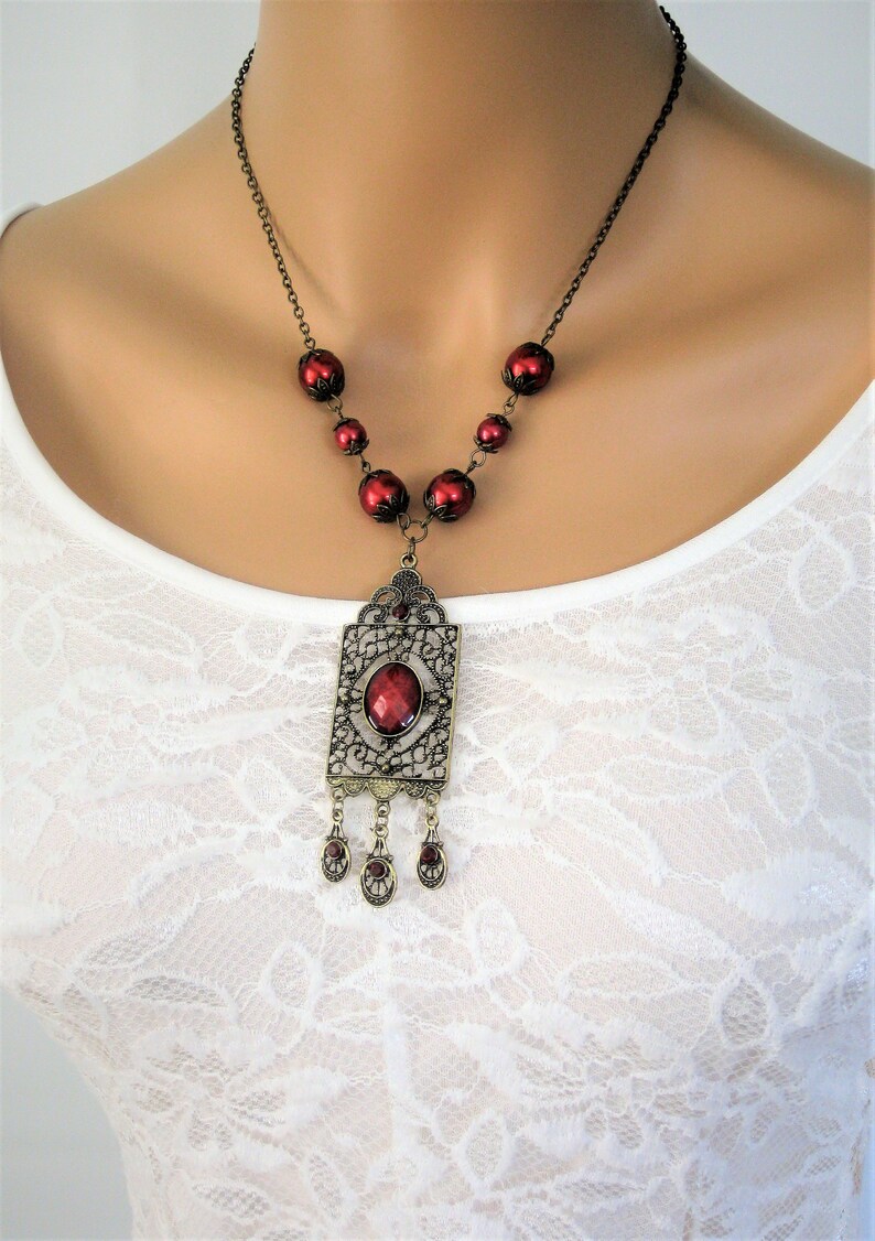 Victorian Style Pendant with Red Pearl Beads, Handmade Victorian Jewelry for Women image 2