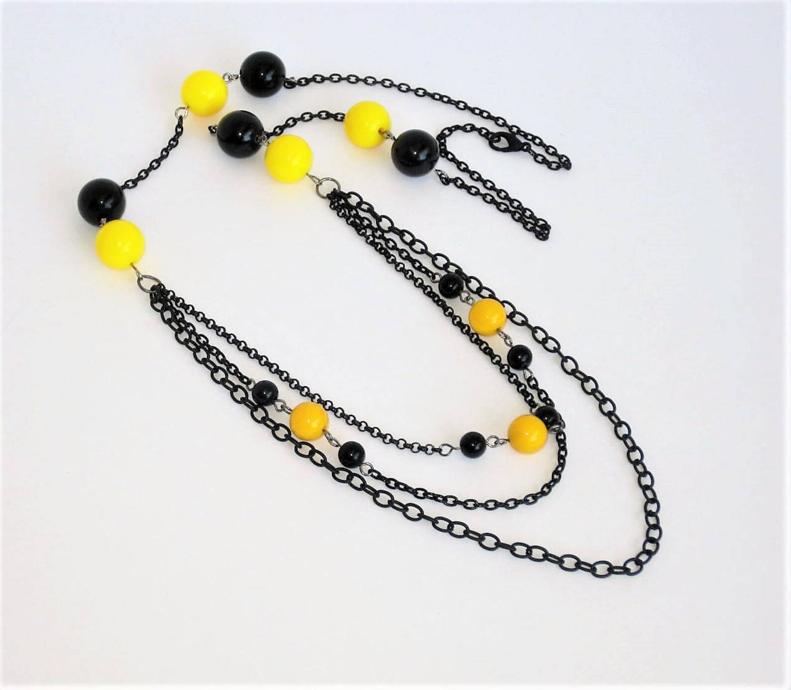 Long Black Beaded Necklace Yellow Beaded Necklace Long Black Etsy