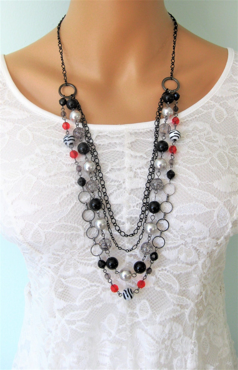 Long Multi Strand Red Black and Silver Necklace for Women, Long Beaded Necklace, Handmade Jewelry for Women, Black Necklace, Red Necklace image 2