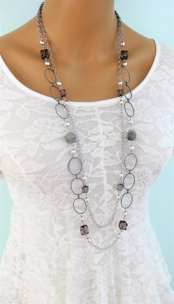 Long Gray Beaded Multi Strand Necklace Beaded Gray Necklace | Etsy