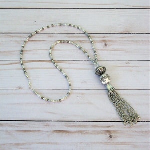 Silver Beaded Tassel Necklace, See all 4 Styles of Silver Tassel Necklaces for Women, Long Beaded Necklaces with Silver Chain