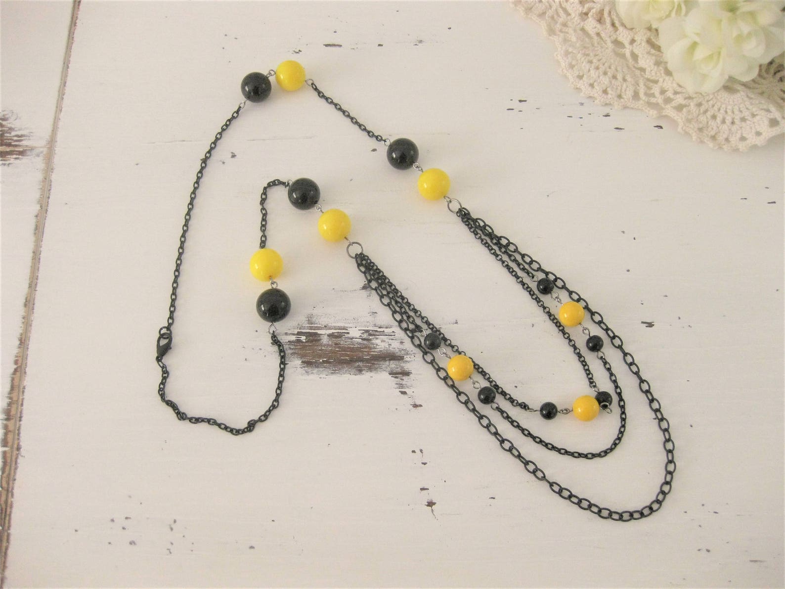 Long Black Beaded Necklace Yellow Beaded Necklace Long Black Etsy